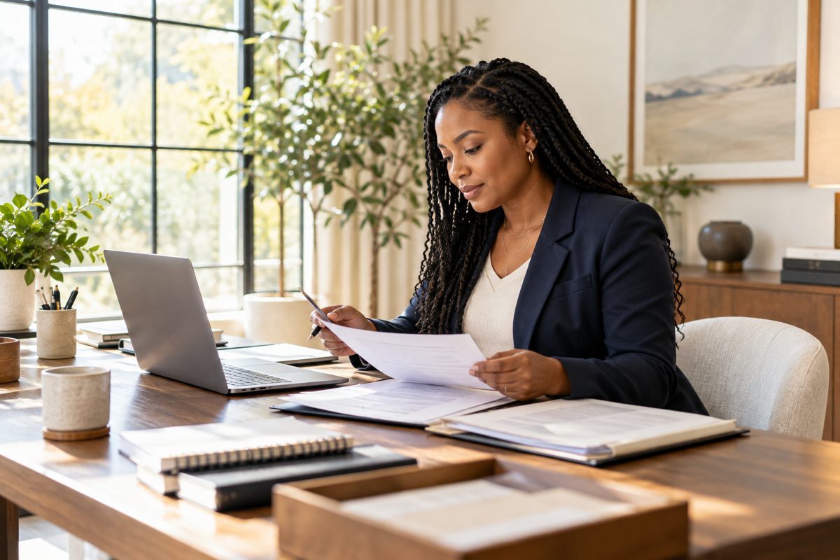 An administrative professional reviewing documents at a tidy office desk.