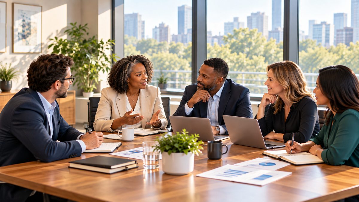 Five diverse professionals collaborating around a table in a sunlit office.