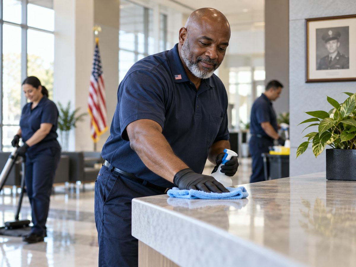 A janitorial professional cleaning a counter in a commercial facility.