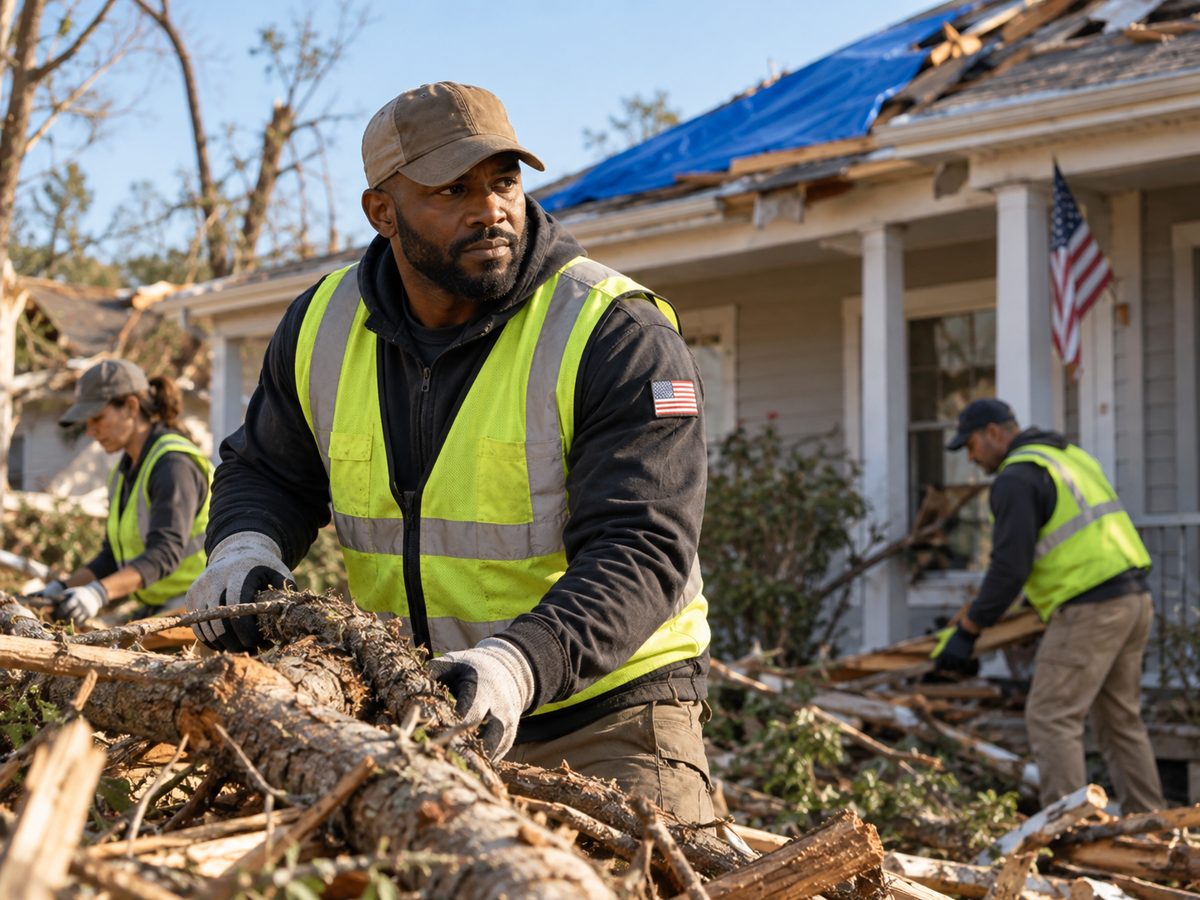 Recovery workers clearing branches near a storm-damaged building.