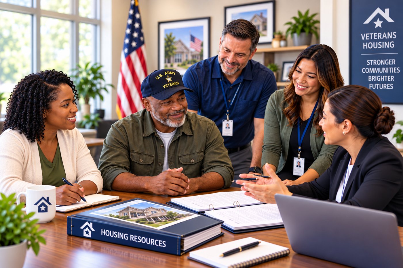 Representative group discussion with a gentleman wearing a U.S. Army Veteran cap and a Housing Resources binder visible on the table.